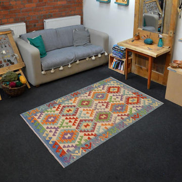 Flat Weave Kilim, Antique, Navaho, Vintage, Handmade, Geometric Kilim Beige Blue Hand-Woven Rectangle 100% Wool Area Rug 3 x 5